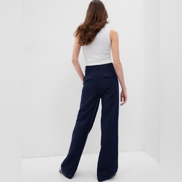 NWT! GAP Uniform Navy High Rise Linen-Cotton Pleated Wide Leg Pants 🔹 - Picture 2 of 10